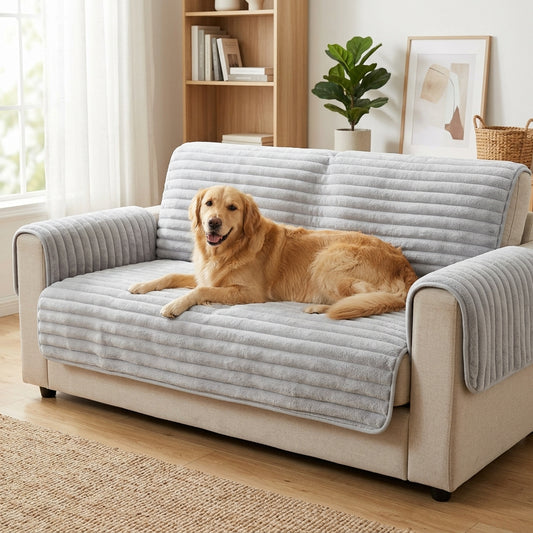 PawCozy sofföverdrag i ljusgrått med golden retriever