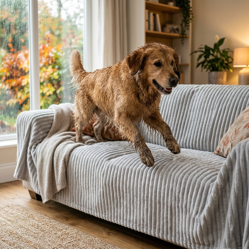 Blöt hund hoppar upp i soffan med överdrag